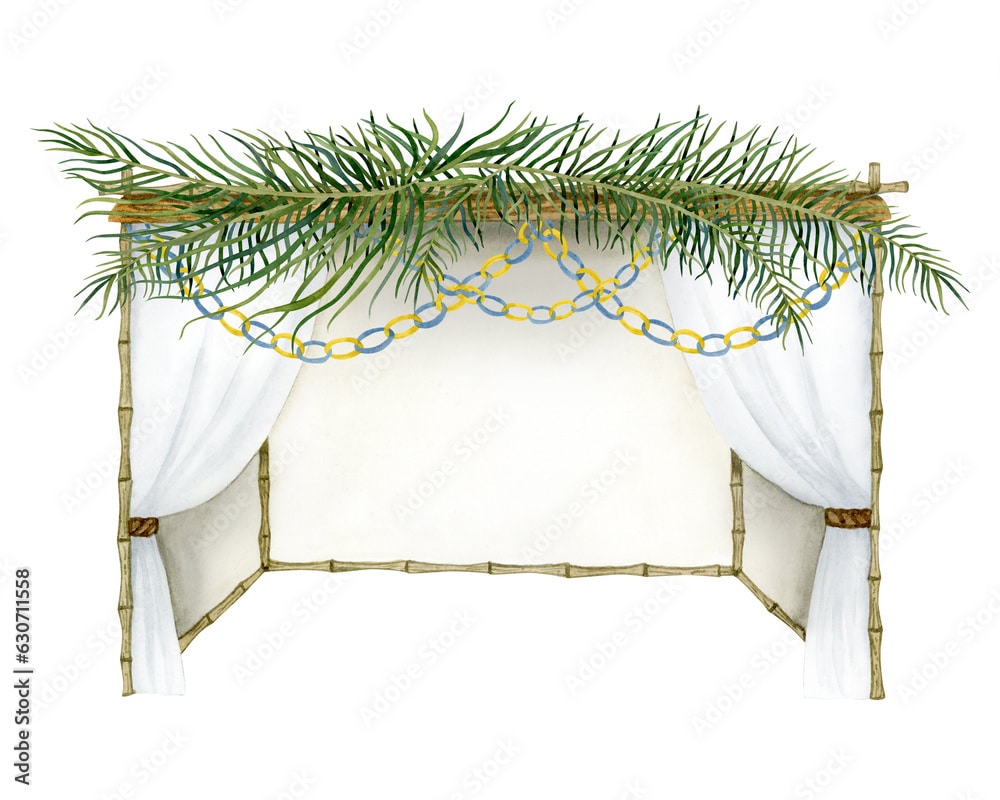 Jewish Sukkah with palm leaves on the top and paper decorations watercolor illustration isolated on white background for Sukkot holiday. Hand drawn succah hut